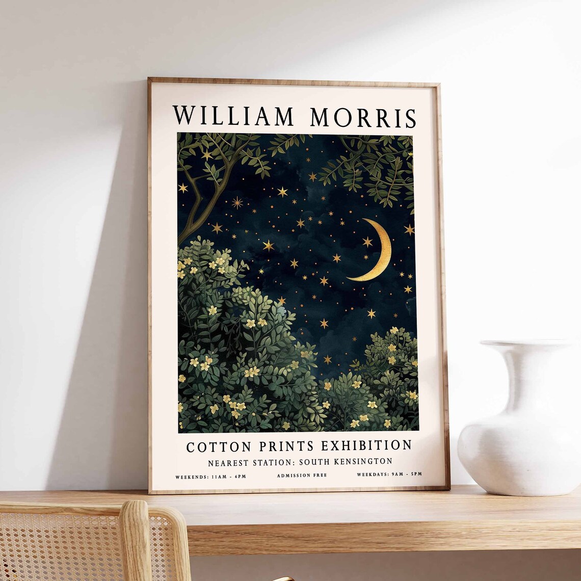 William Morris Crescent Moon over Blossom Bushes Night Poster