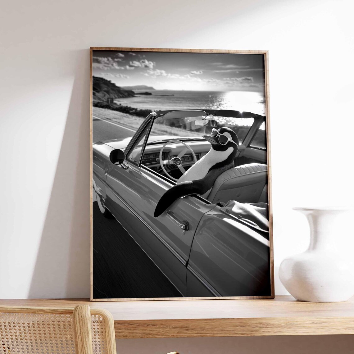 Penguin In Sunglasses In Convertible Cruising Ocean Coast Poster