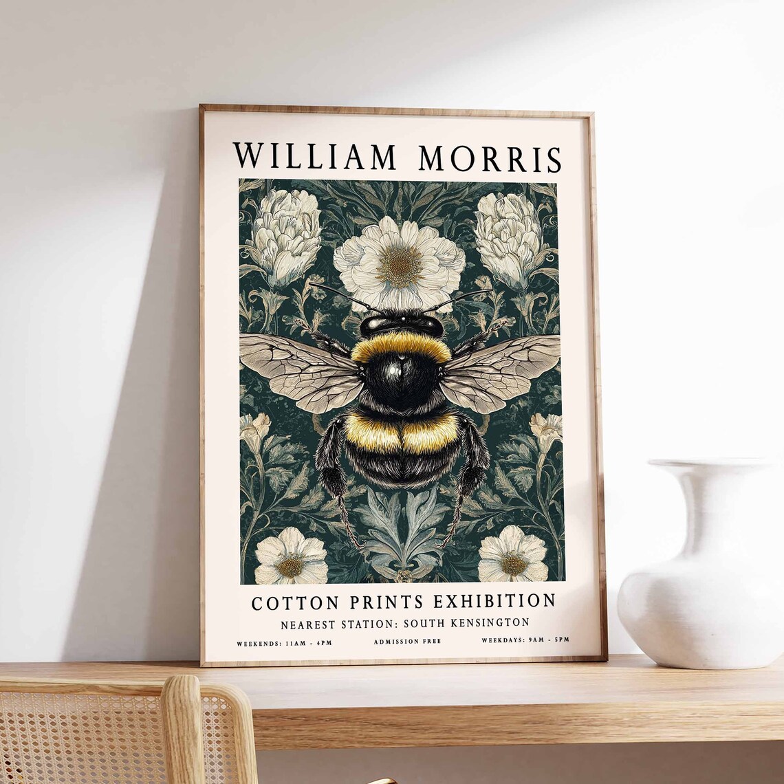 William Morris Bumblebee on White Blossom Floral Exhibition Poster