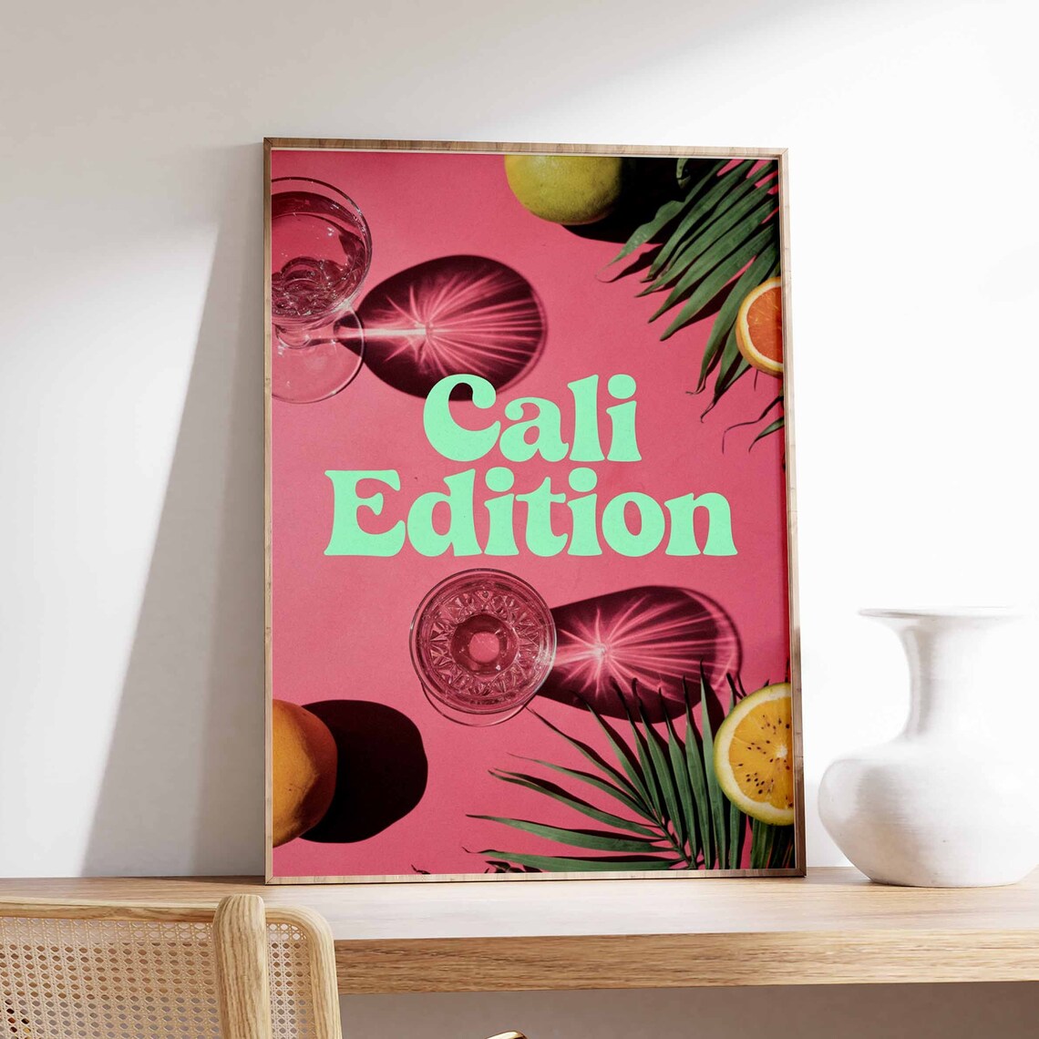 Cali Edition Retro Pink Cocktail Summer Citrus Palm Leaf Poster