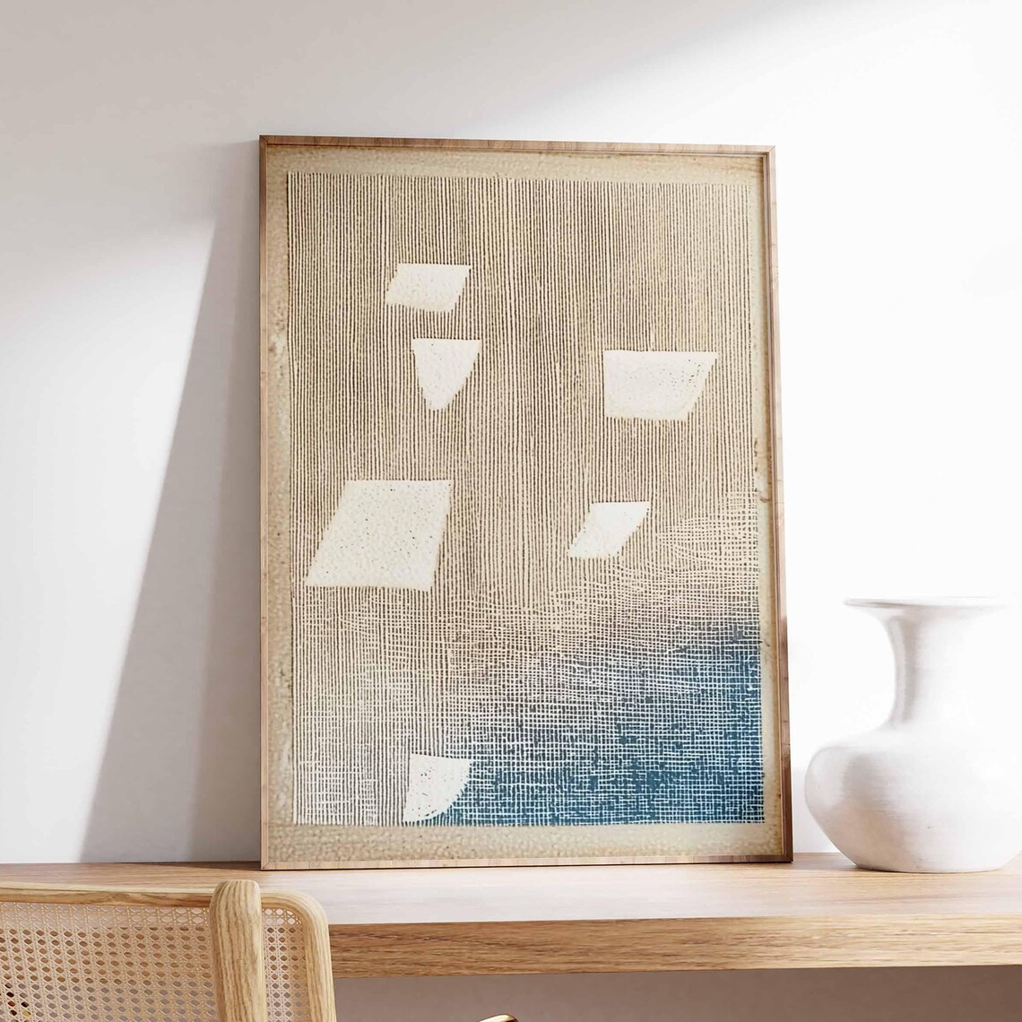 Beige White Paper Shapes Indigo Wash Japanese Abstract Art Poster
