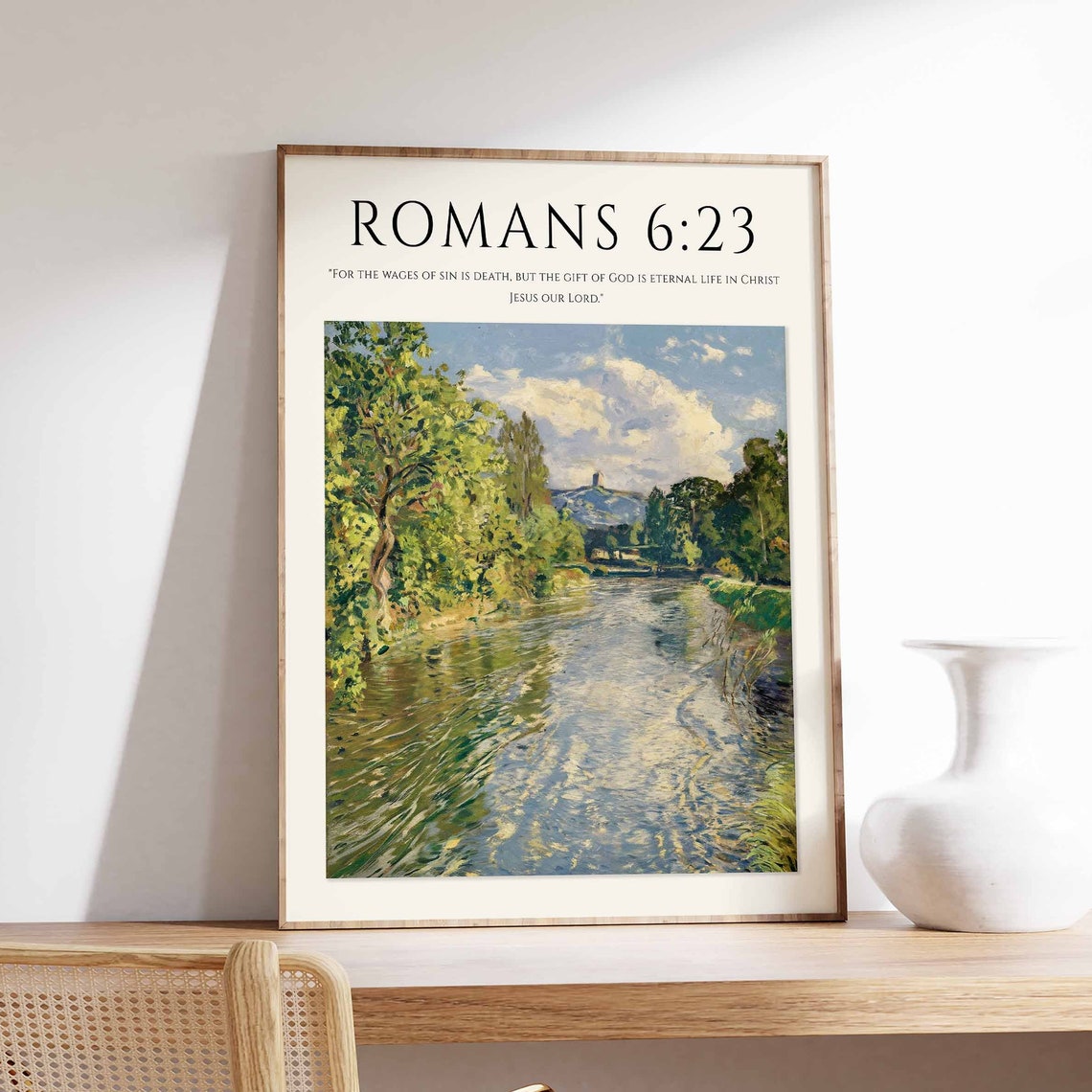 Romans 6:23 Bible Verse Peaceful River Trees Eternal Life Print