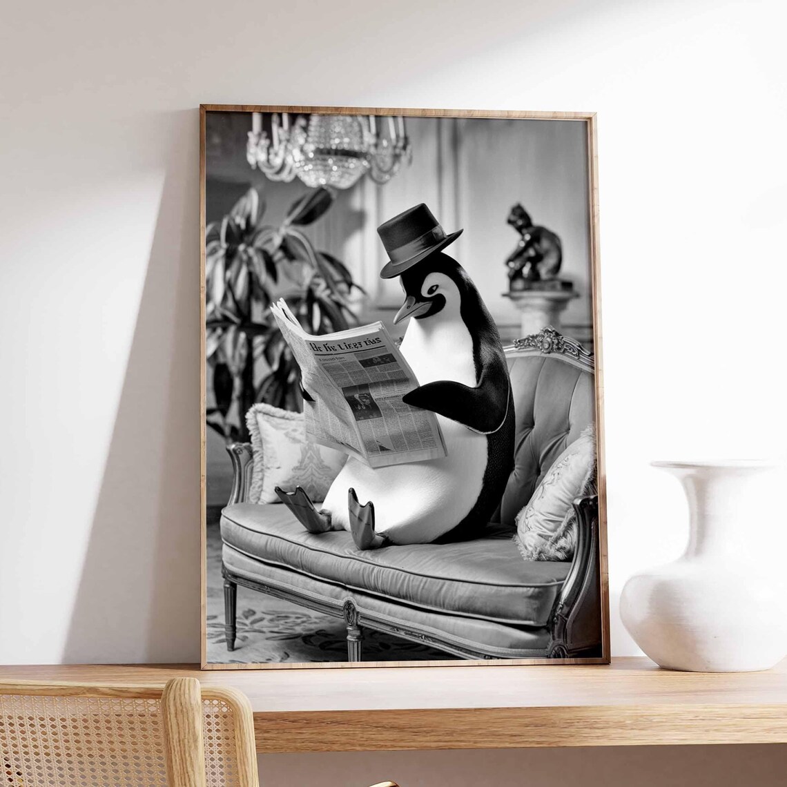 Gentleman Penguin In Top Hat Reading Newspaper On Chaise Poster