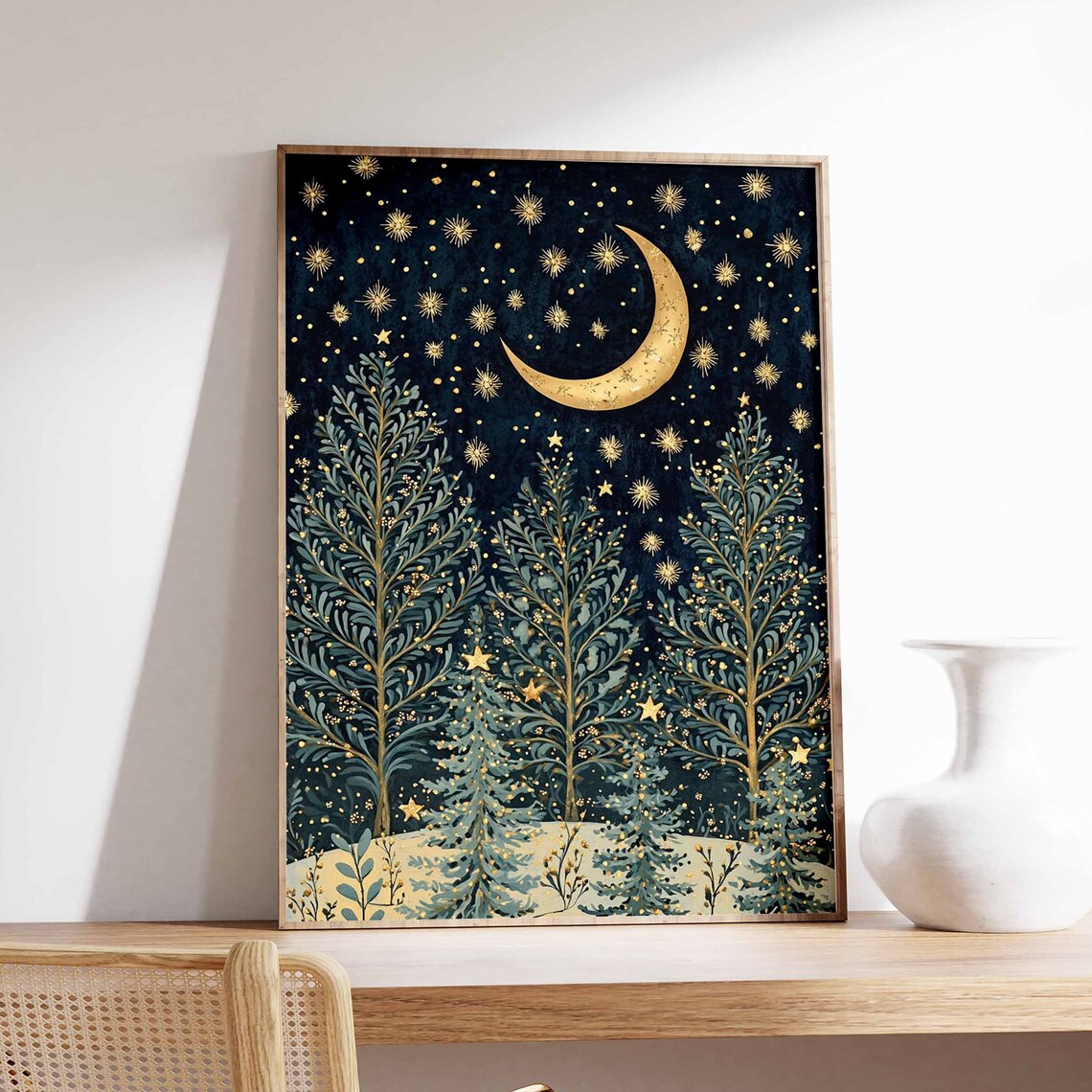 Golden Crescent Moon and Stars Over Pine Trees Winter Night Poster