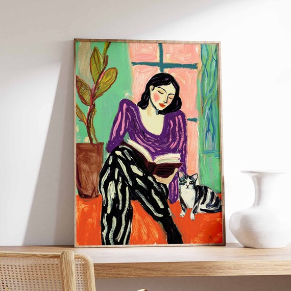 Woman Reading Book With Tabby Cat Cozy Colorful Botanical Poster