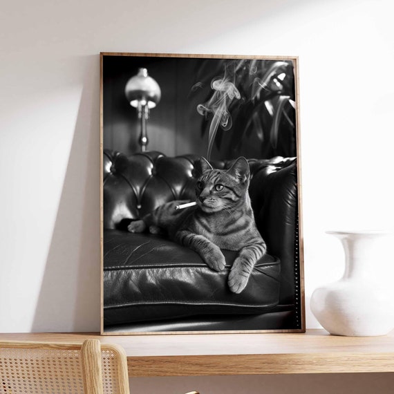 Funny Smoking Cat Poster Cat Print Surreal Poster Photographic Art Funny Print Surrealist Art Animal Print Retro Decor Animal Gift