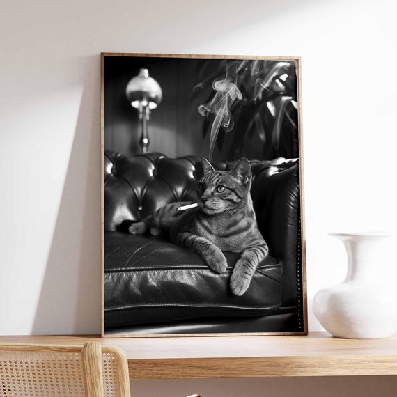 Tabby Cat Smoking Cigarette Lounging On Leather Sofa Vintage Style Poster