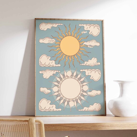 Two Suns And Clouds Sage Blue Celestial Boho Illustration Poster