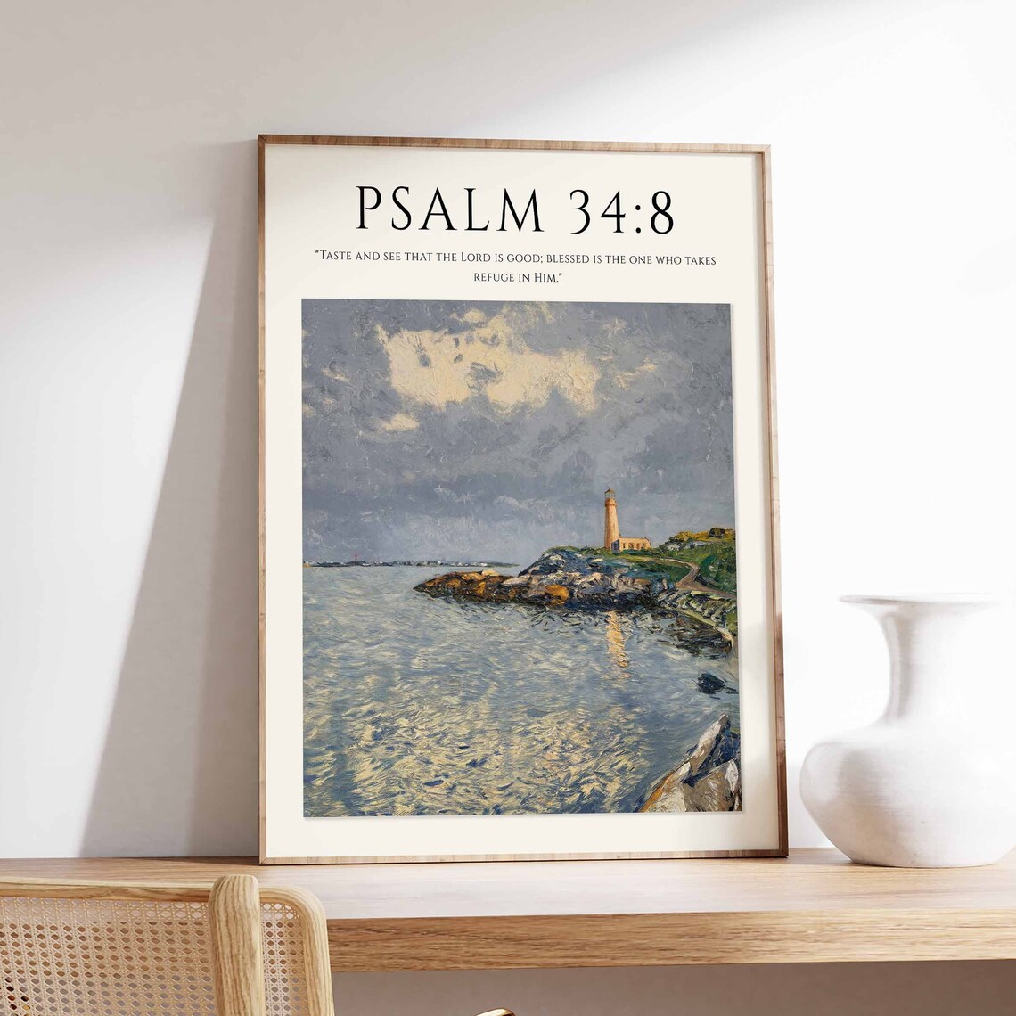 Psalm 34:8 Bible Verse Rocky Coast Lighthouse Monet Style Christian Art Poster