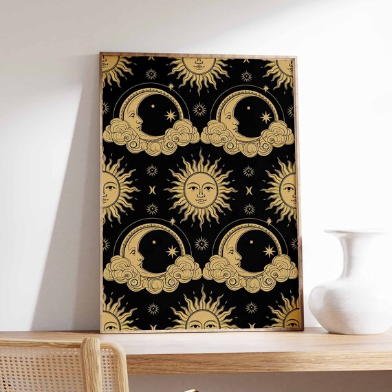 Black And Gold Sun Moon And Clouds Dramatic Celestial Poster