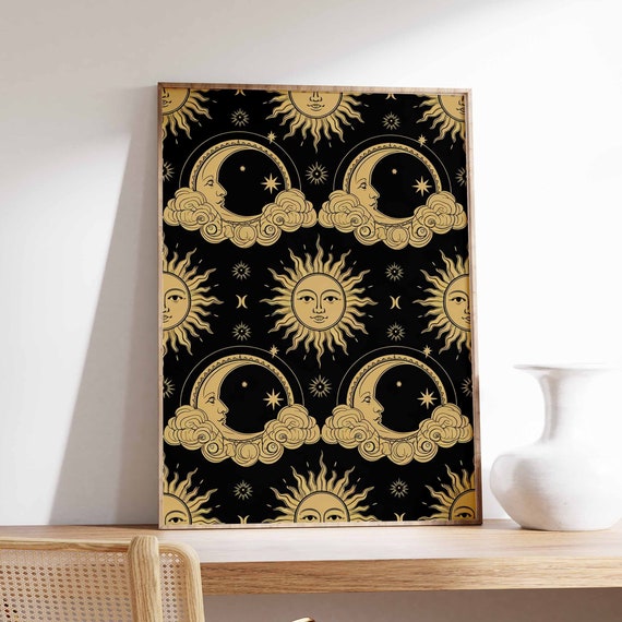 Sun And Moon Poster Celestial Poster Spiritual Decor Vintage Poster Retro Print 70s Poster Boho Poster Mystical Art Meditation Art