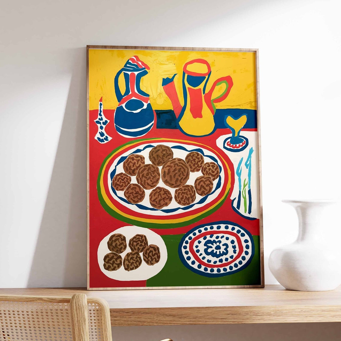 Blue And Yellow Coffee Pots With Falafel Plates Still Life Poster
