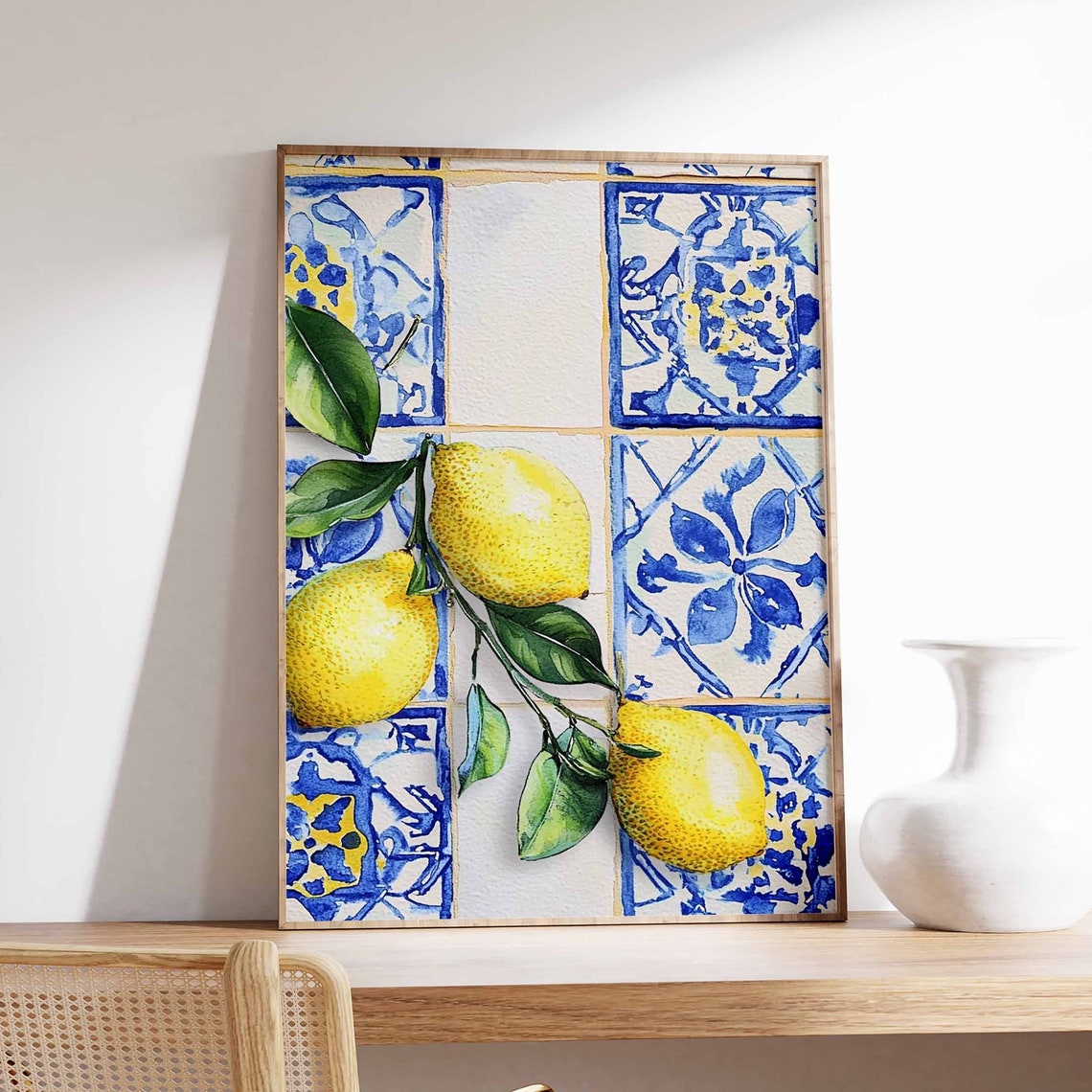 Fresh Lemon Branch on Blue White Tiles Watercolor Art Poster
