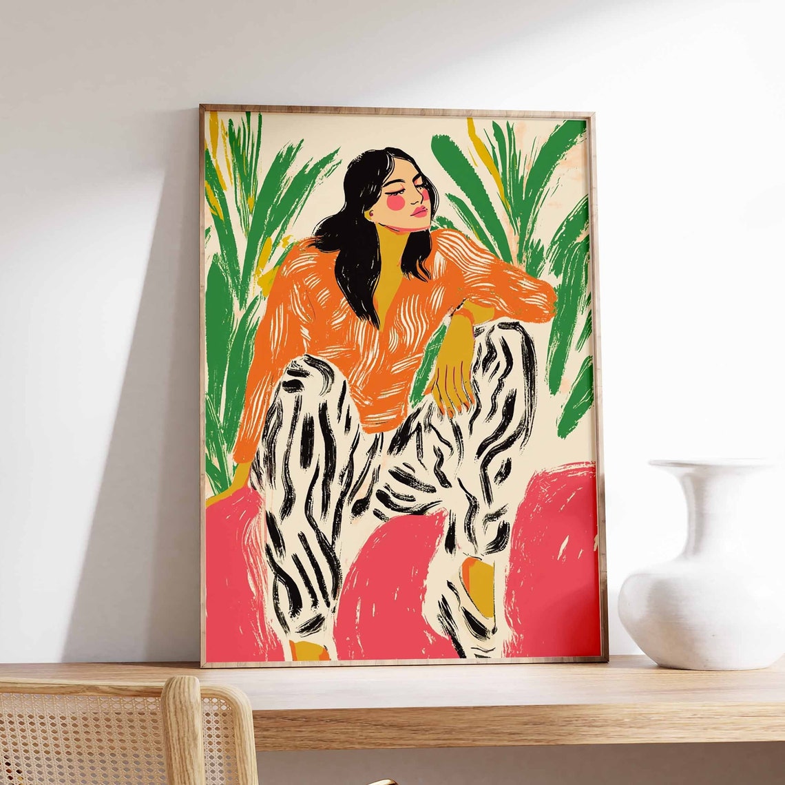 Woman in Orange Sweater and Zebra Pants Tropical Botanical Poster