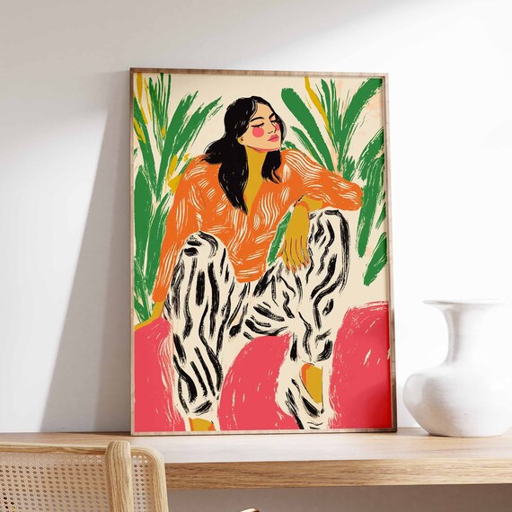 Woman in Orange Sweater and Zebra Pants Tropical Botanical Poster
