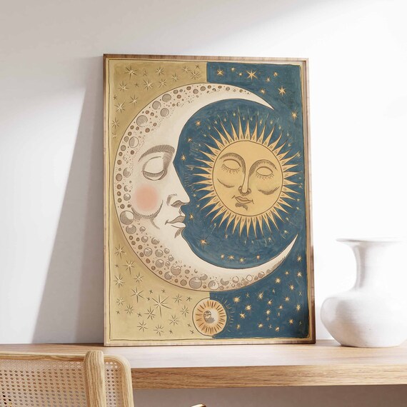 Antique Gold Sun Face And Crescent Moon Parchment Style Poster