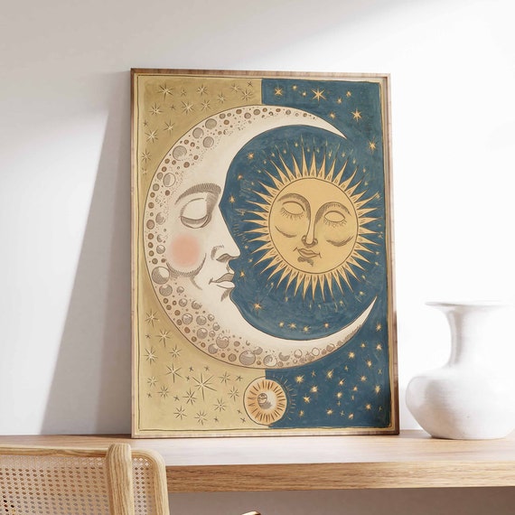 Sun And Moon Poster Celestial Poster Spiritual Decor Vintage Poster Retro Print 70s Poster Boho Poster Mystical Art Meditation Art