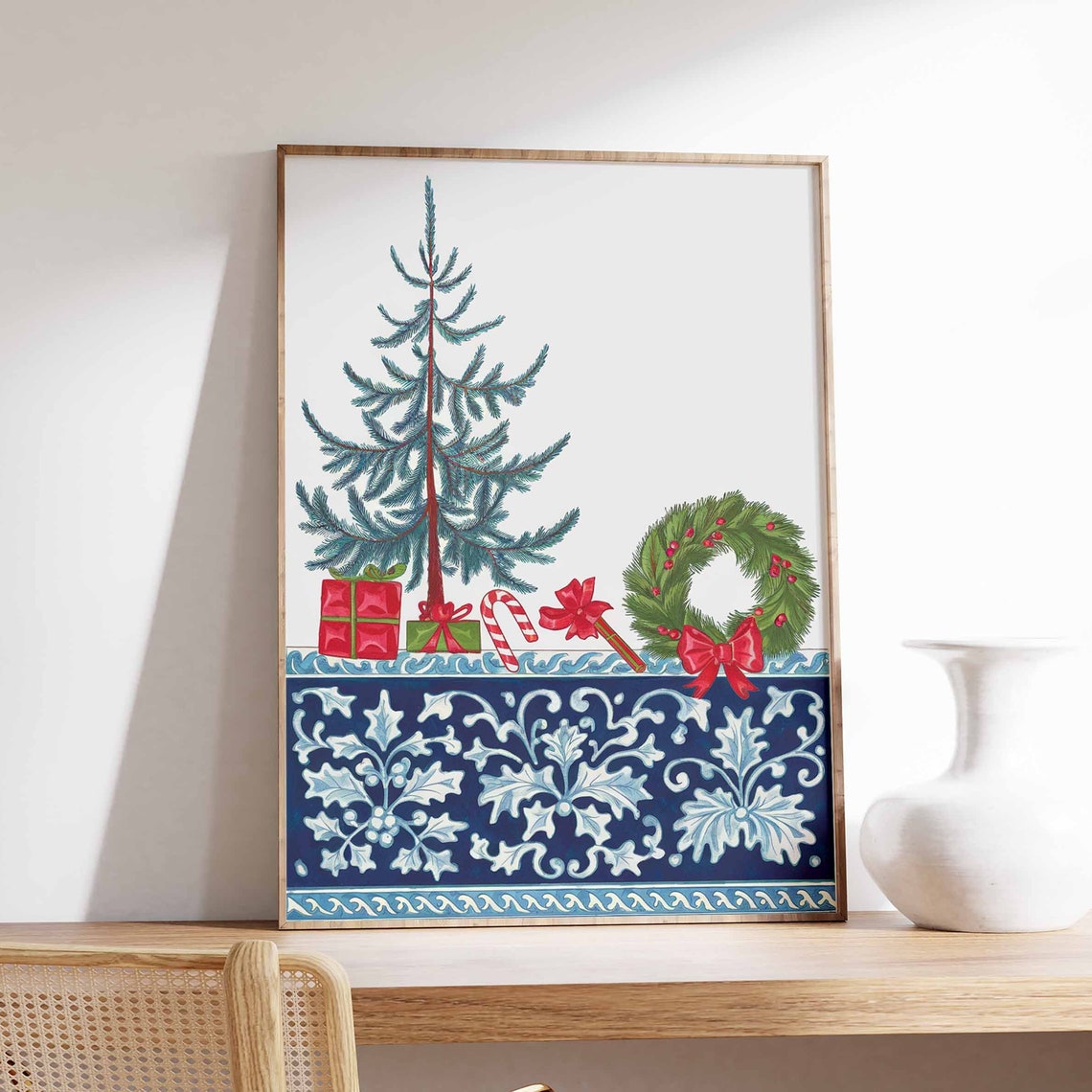 Blue White Christmas Tile Tree Wreath Chinoiserie Style Poster