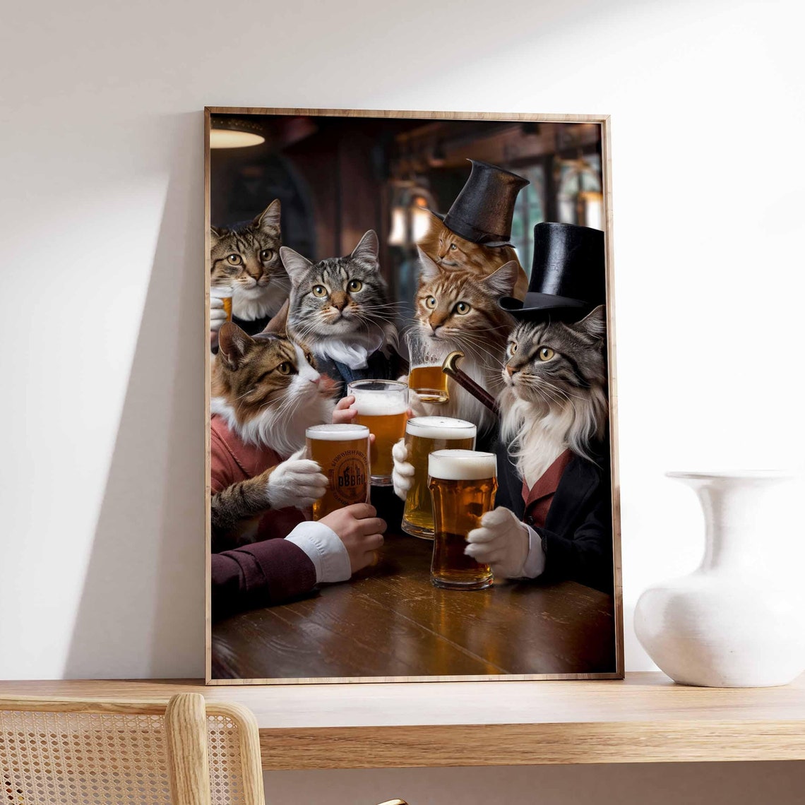 Seven Waistcoat Cats in Top Hats Toasting Beer at Pub Funny Poster