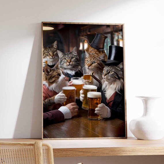 Seven Waistcoat Cats in Top Hats Toasting Beer at Pub Funny Poster