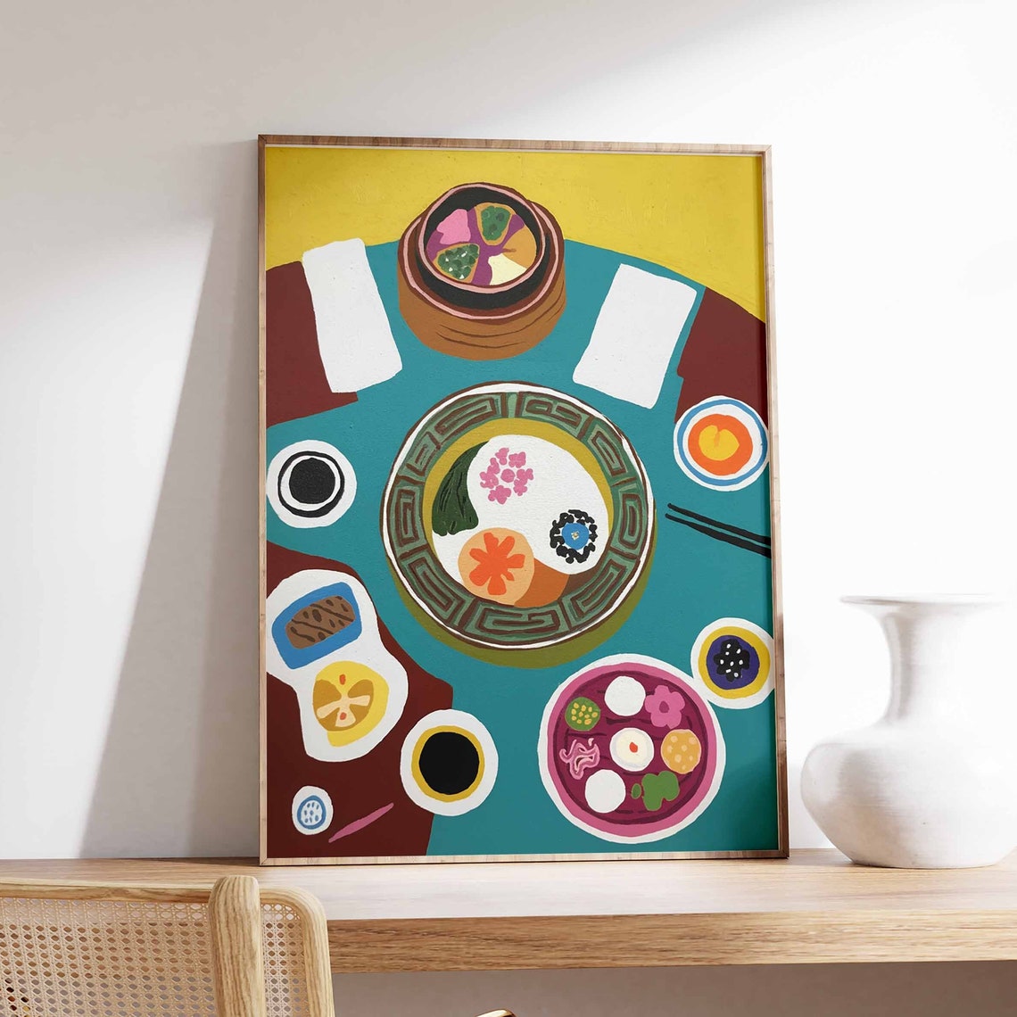 Dim Sum Table Abstract Flat Lay Steamer Dumpling Modern Poster
