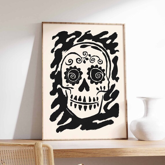 Centered Sugar Skull With Floral Eyes On Cream Background Poster