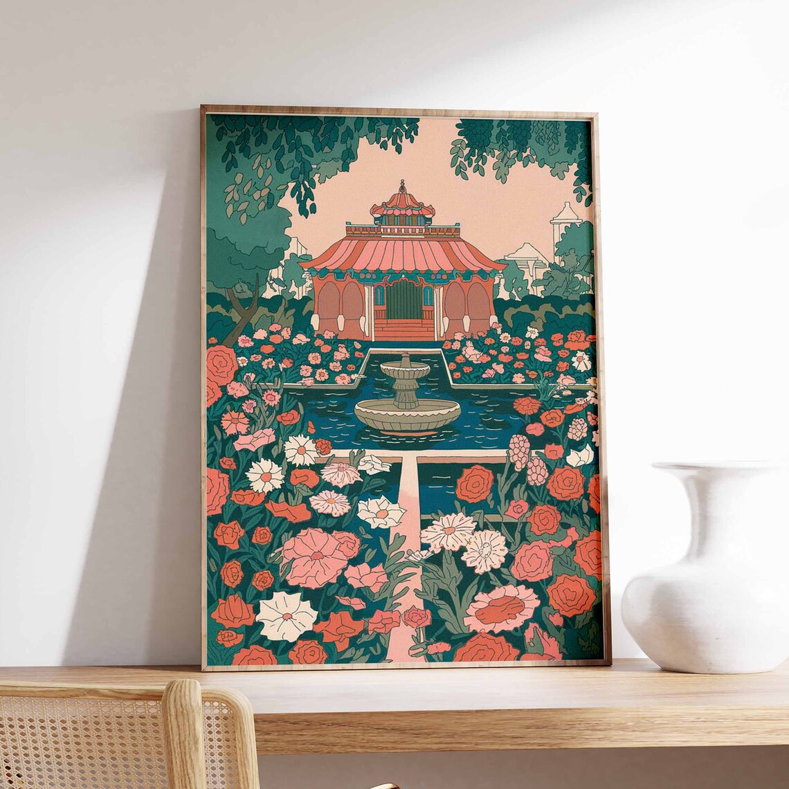 Pink Pavilion Fountain Indian Palace Garden Floral Art Poster
