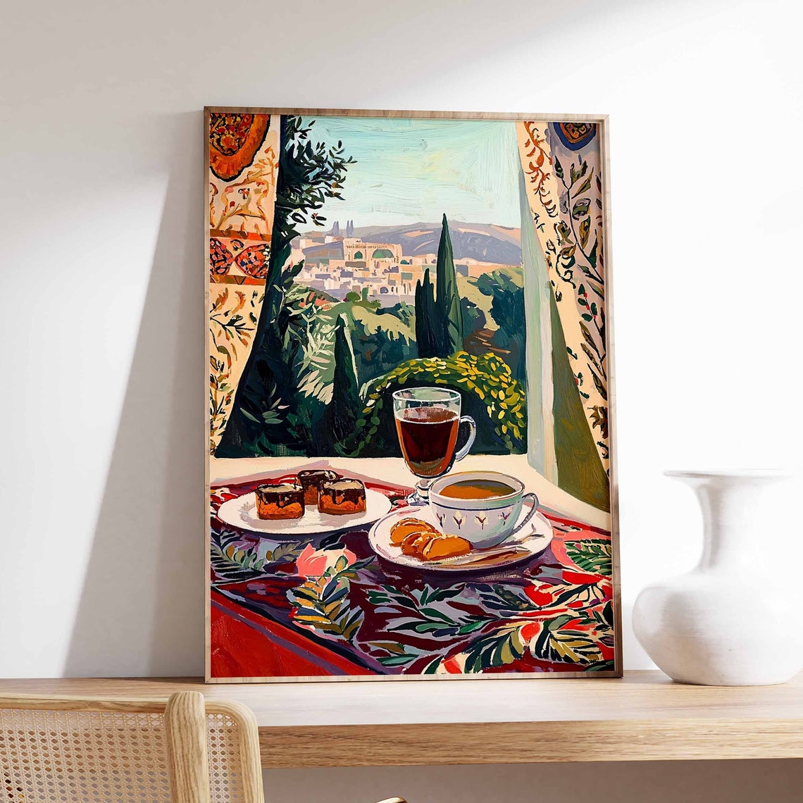 Tea and Cakes City View Window Patterned Rug Table Art Poster