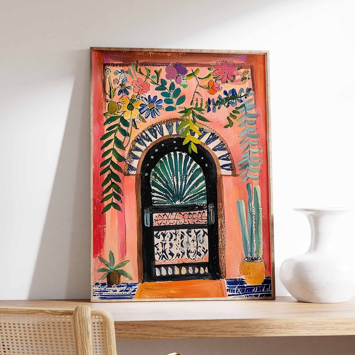 Terracotta Door Black Arch Floral Vines Cactus Pots Art Poster