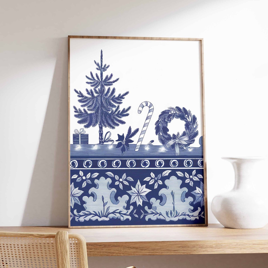 Vintage Delft Blue Christmas Tile Tree Candy Cane Wreath Art Poster