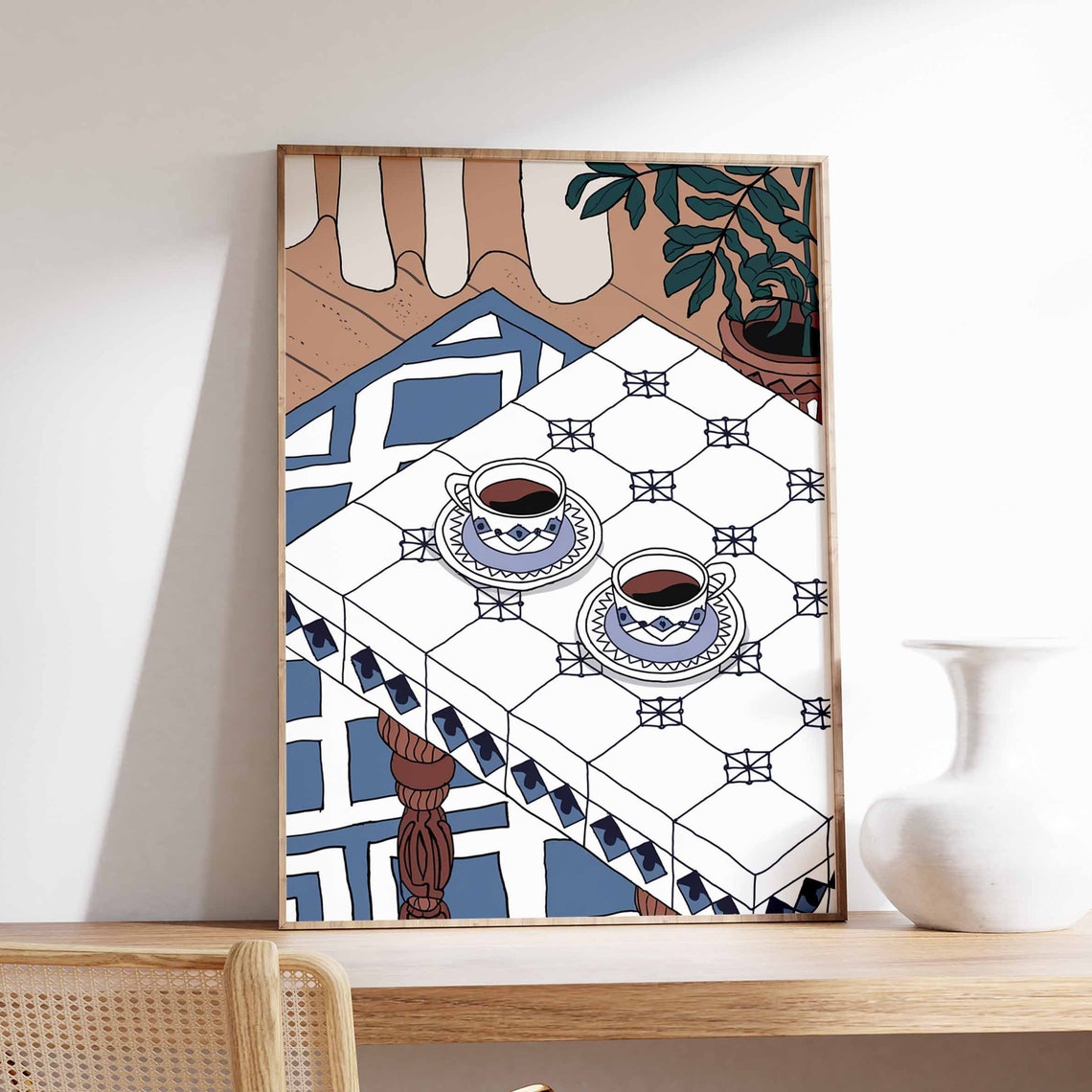 Warm Cozy Espresso Cups on Blue and White Tiled Table Art Poster