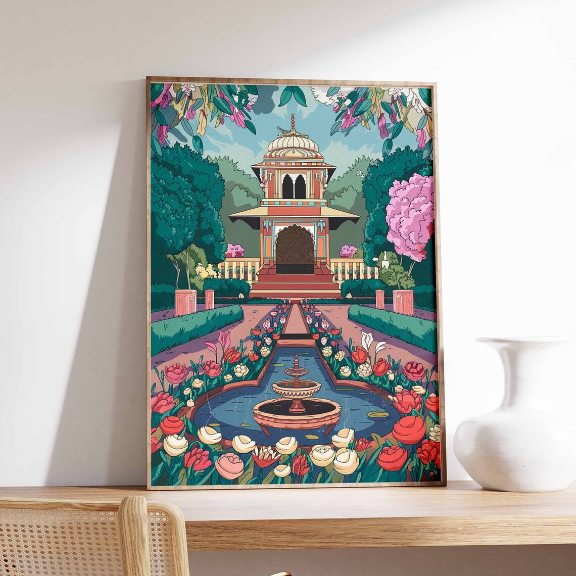 Indian Garden Pavilion Dome Fountain Tulip Flower Art Poster