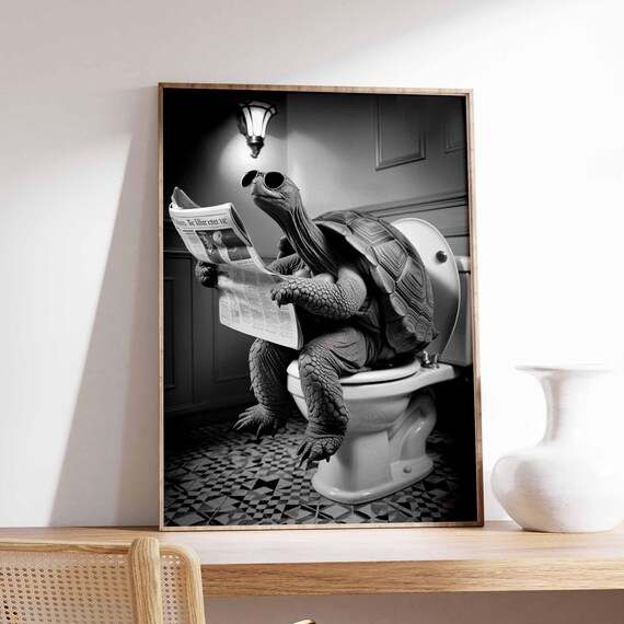 Funny Turtle Poster Bathroom Decor Surreal Poster Photographic Art Funny Print Surrealist Art Animal Print Retro Decor Animal Gift
