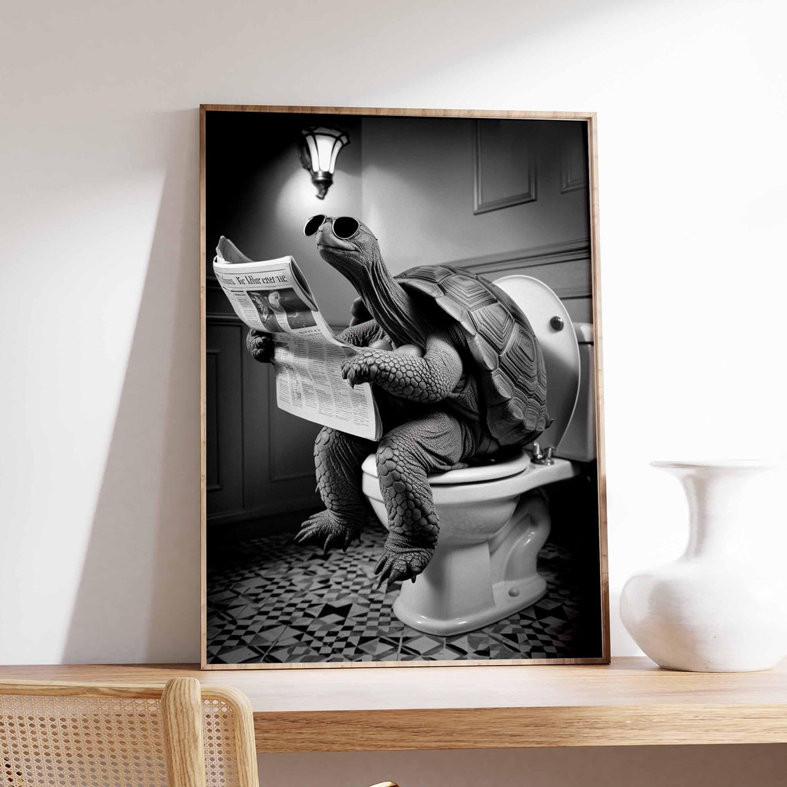 Funny Tortoise Reading Newspaper On Toilet Black And White Poster