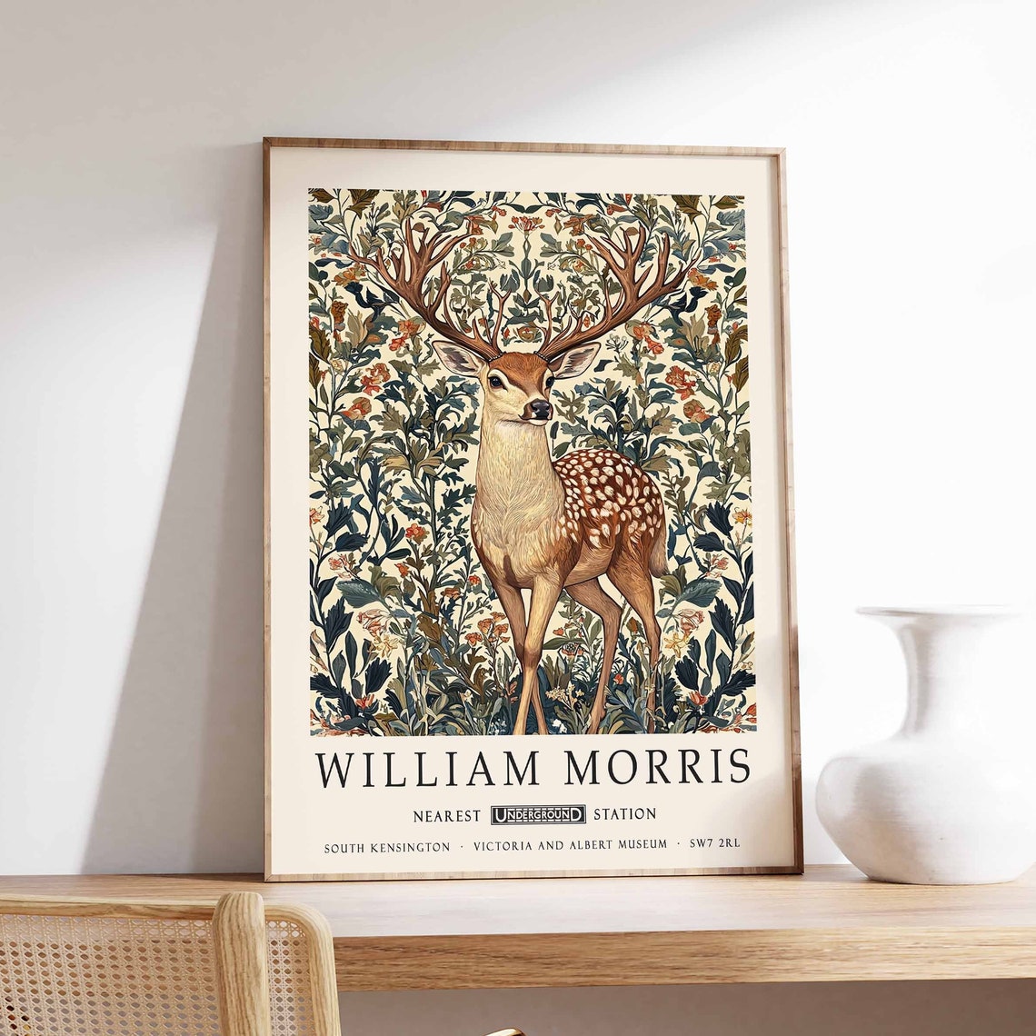 William Morris Spotted Deer With Antlers Floral Meadow Art Poster