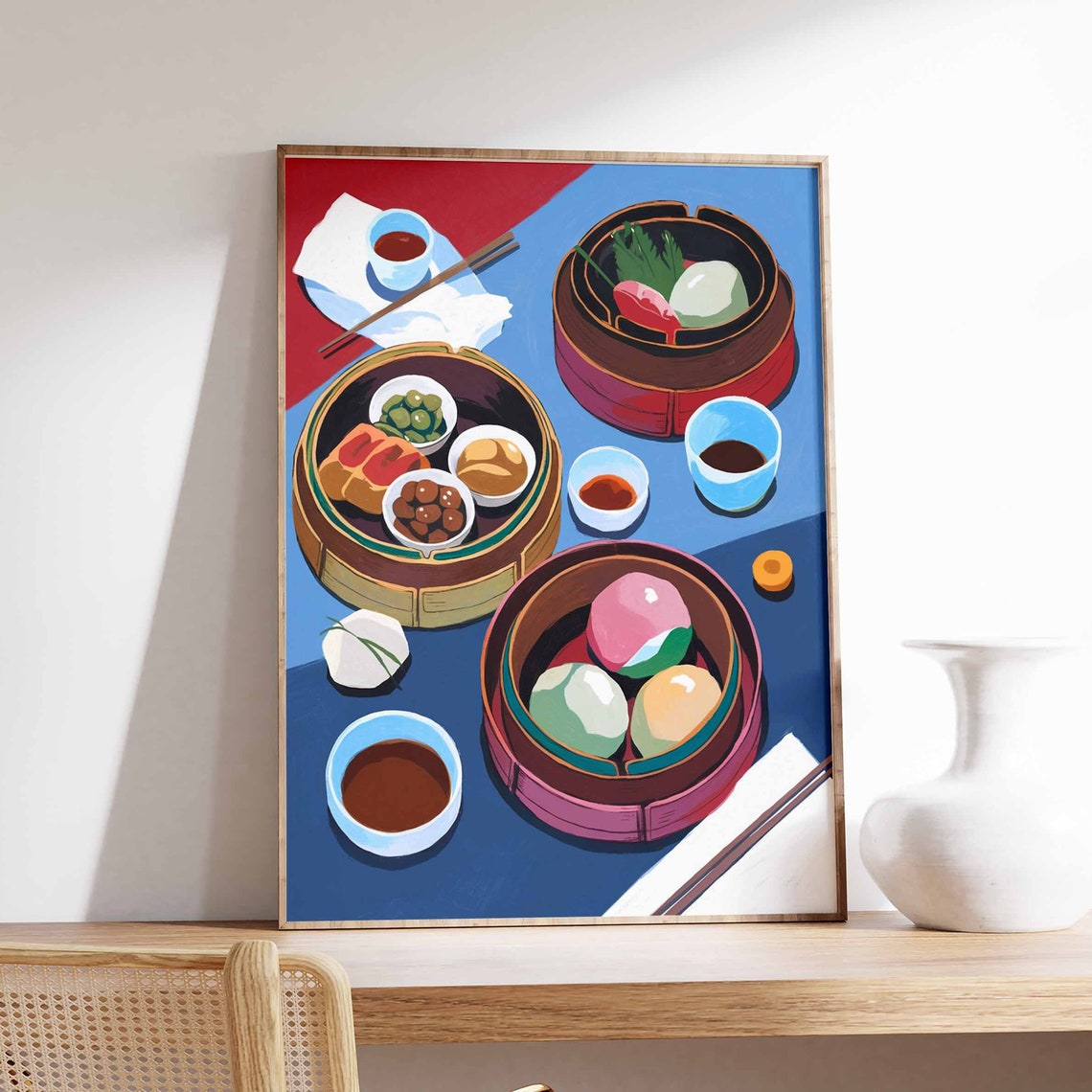 Dim Sum Feast Modern Flat Lay Pastel Bao Buns Tea Art Poster