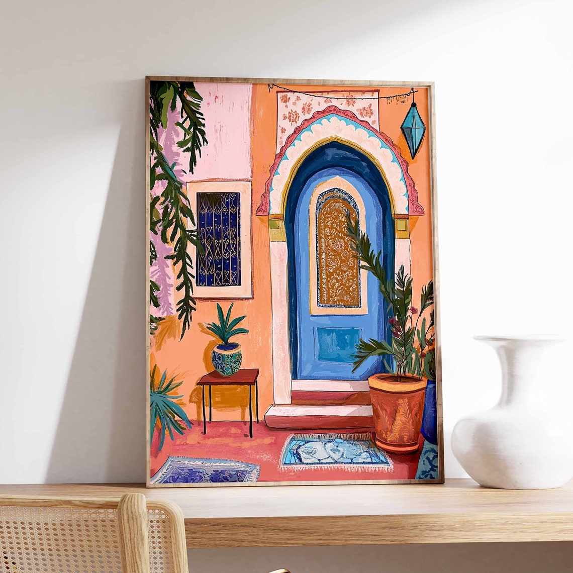 Moroccan Blue Door Coral Wall Lantern Potted Plants Art Poster