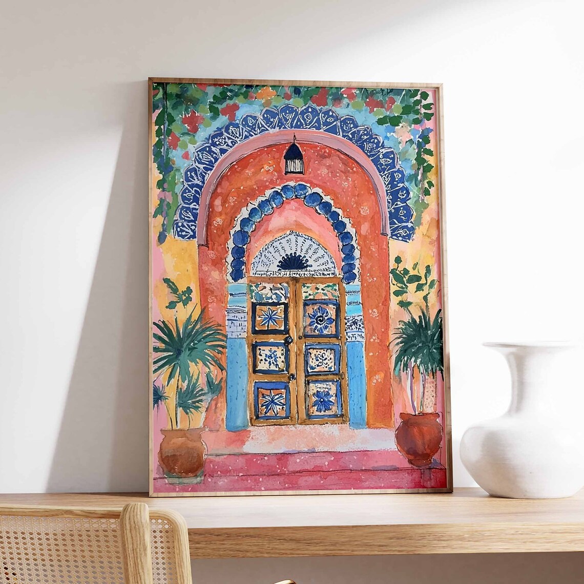 Colorful Moorish Tiled Doorway With Arches Watercolor Art Poster