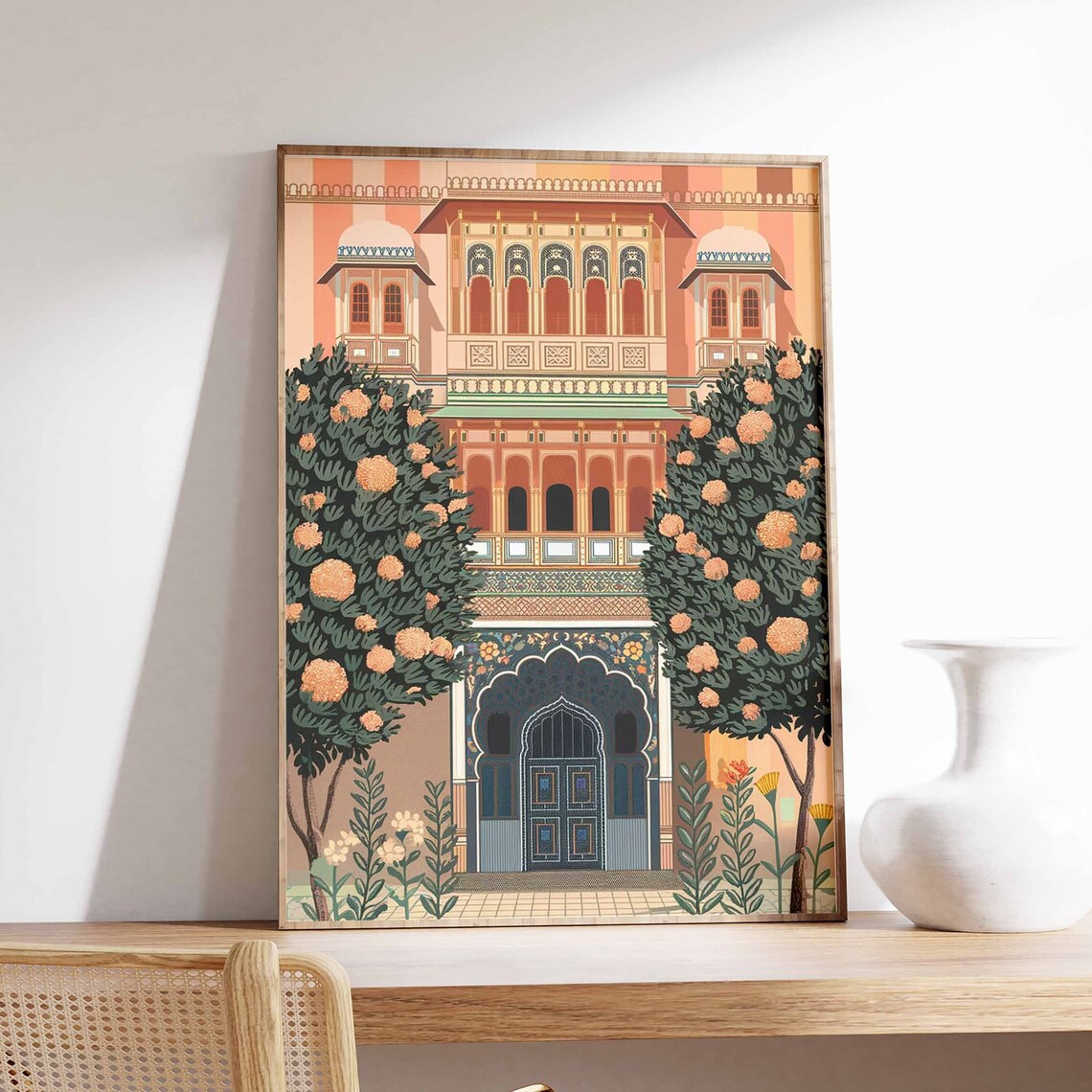 Indian Haveli Palace Flowering Trees Traditional Artwork Poster