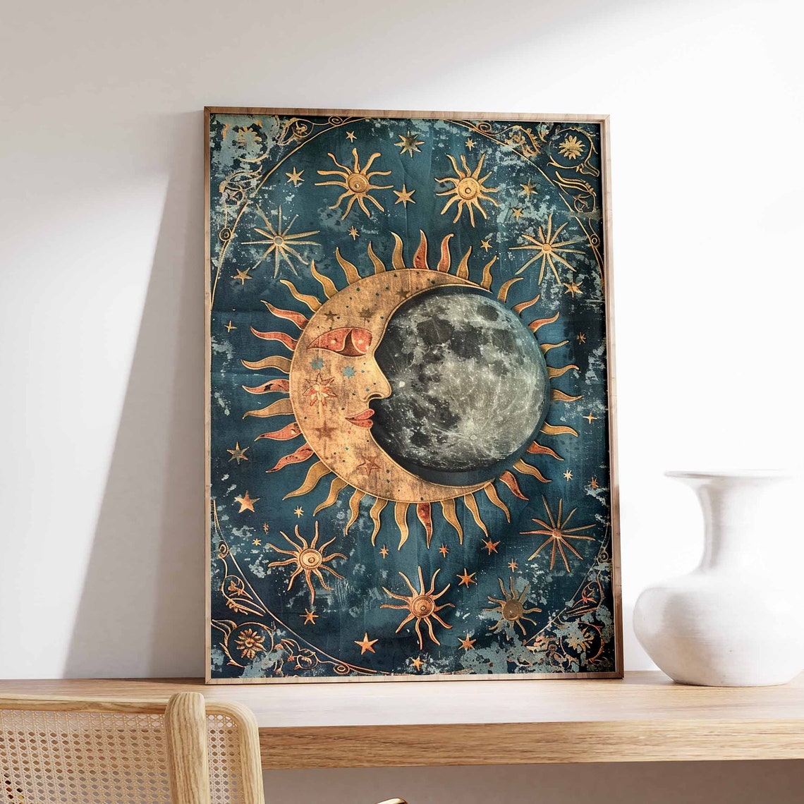 Golden Sun Face Beside Realistic Moon On Weathered Teal Poster