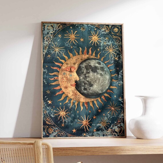 Golden Sun Face Beside Realistic Moon On Weathered Teal Poster