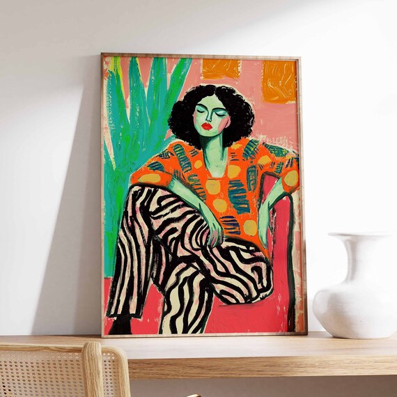 Curly Haired Woman Orange Spotted Top Zebra Pants Art Poster