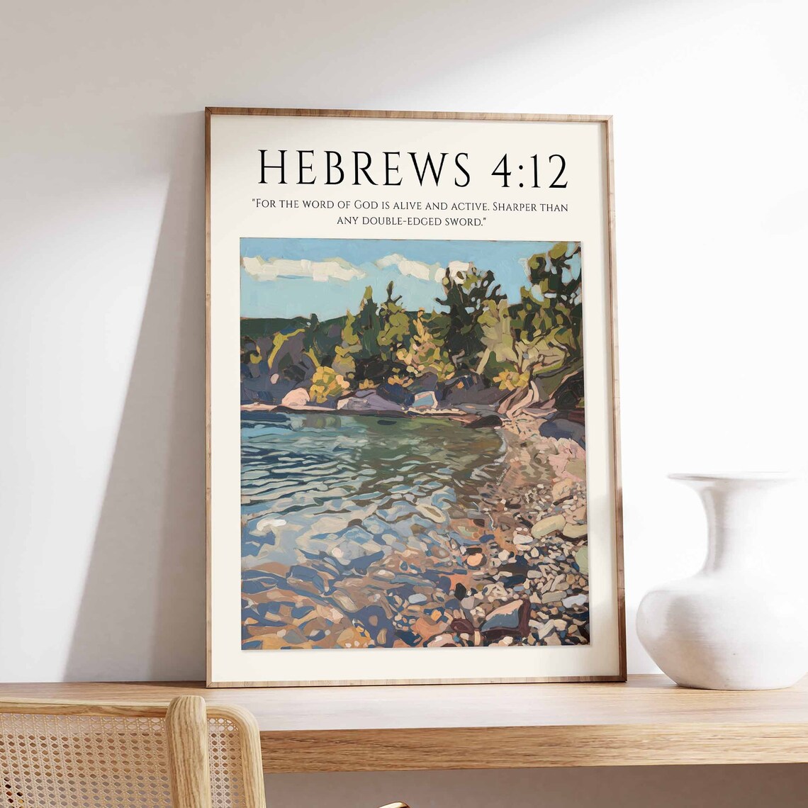 Hebrews 4:12 Bible Verse Wooded Lake Shore Scripture Art Print