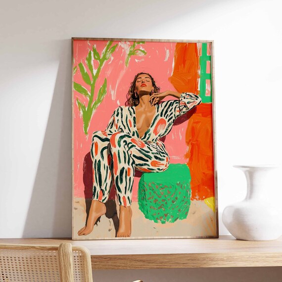 Relaxed Woman in Patterned Jumpsuit Colorful Tropical Art Poster