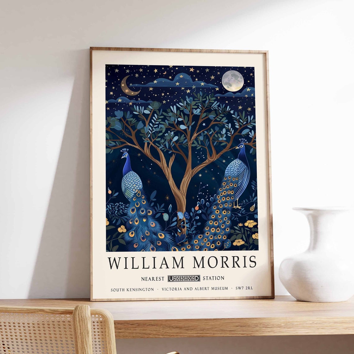 William Morris Two Peacocks Under Moonlit Tree Night Art Poster