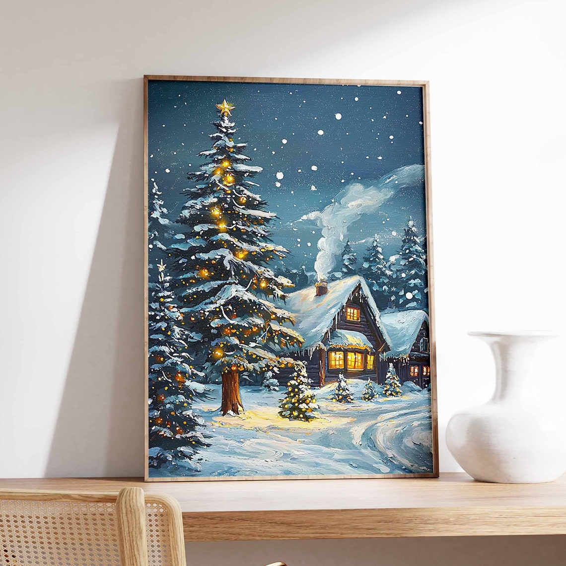 Snowy Cabin At Night With Glowing Christmas Tree Winter Poster