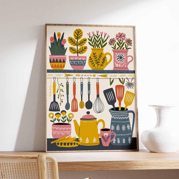 Boho Kitchen Utensils Floral Jugs Scandinavian Folk Art Home Poster