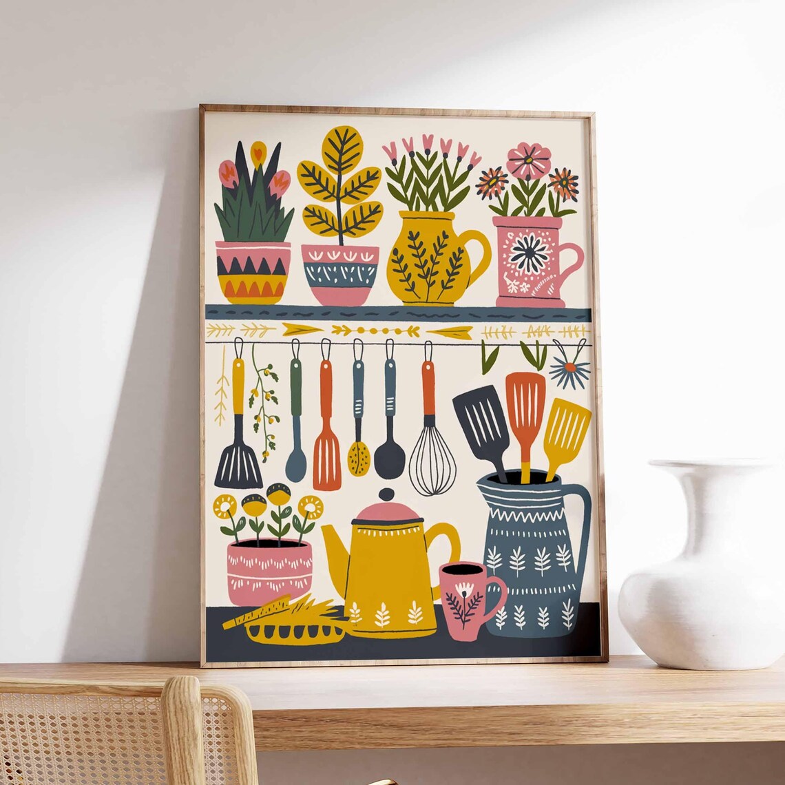Boho Kitchen Utensils Floral Jugs Scandinavian Folk Art Home Poster
