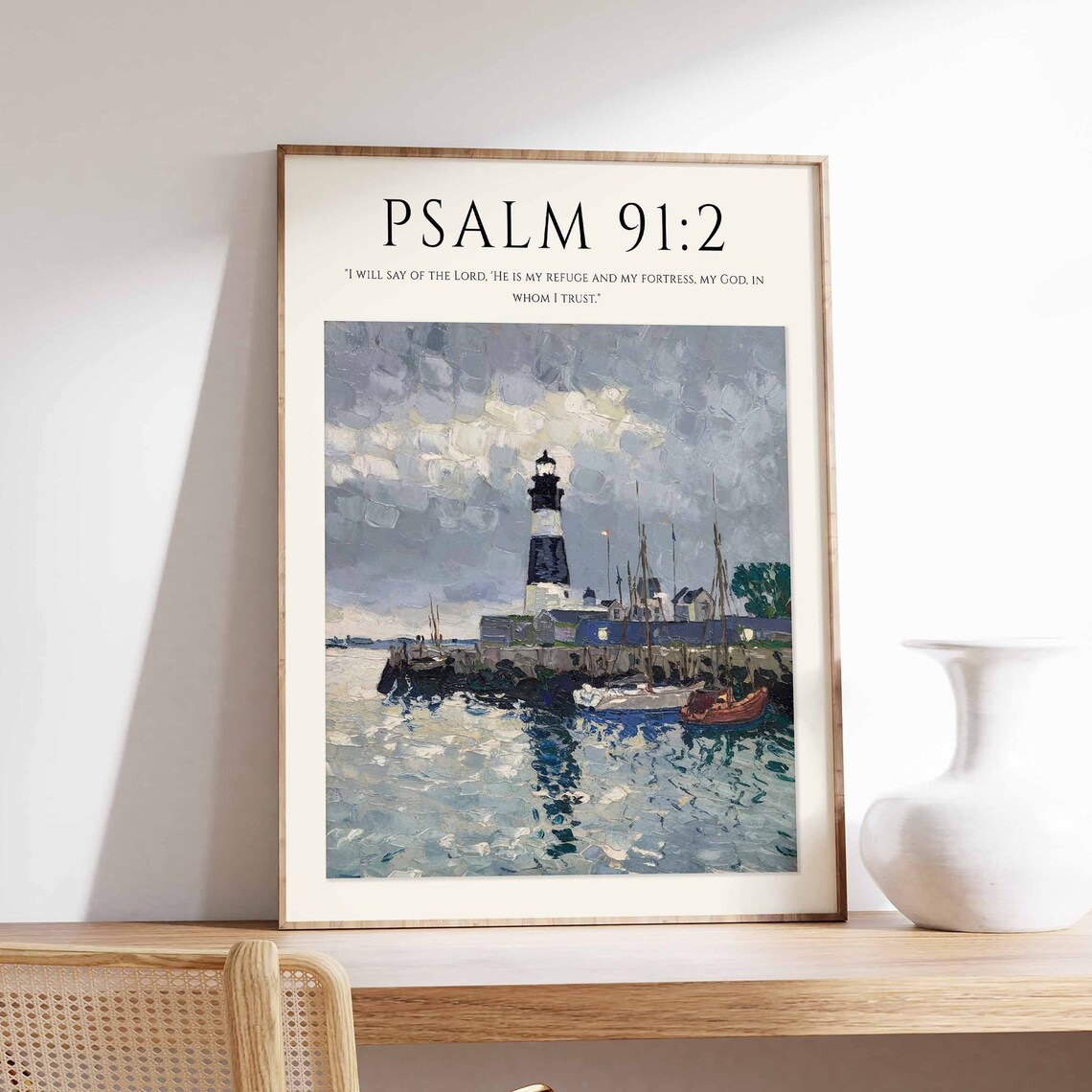Psalm 91:2 Bible Verse Harbor Lighthouse Boats Monet Style Christian Art Poster