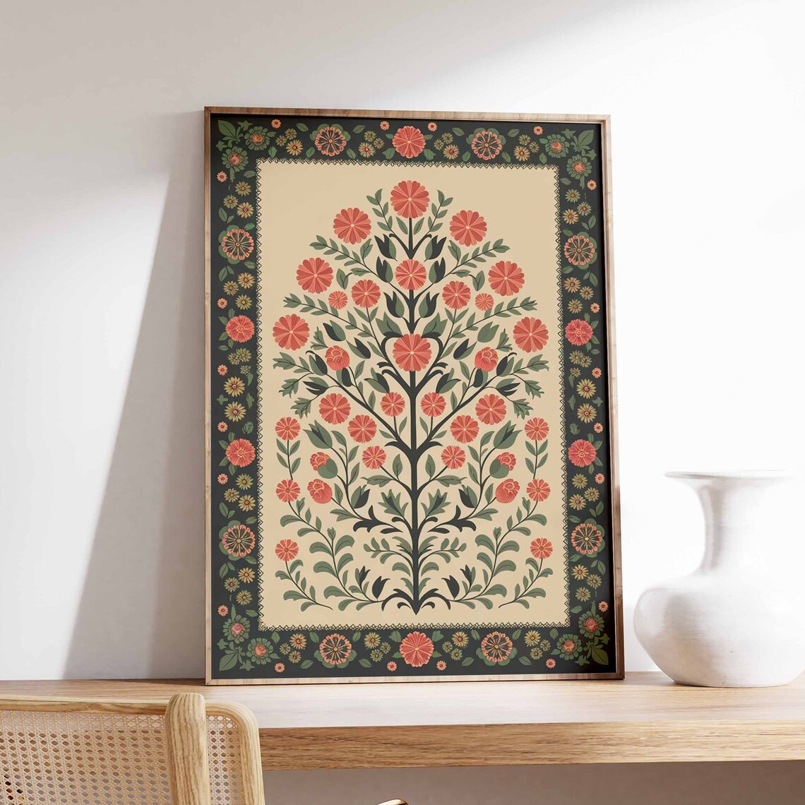 Coral Carnation Indian Tree of Life Garland Border Poster Floral Art